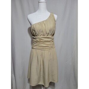 Express Silk One Shoulder Dress Womens 8‎ Gold Excellent Metallic Ruched Mini